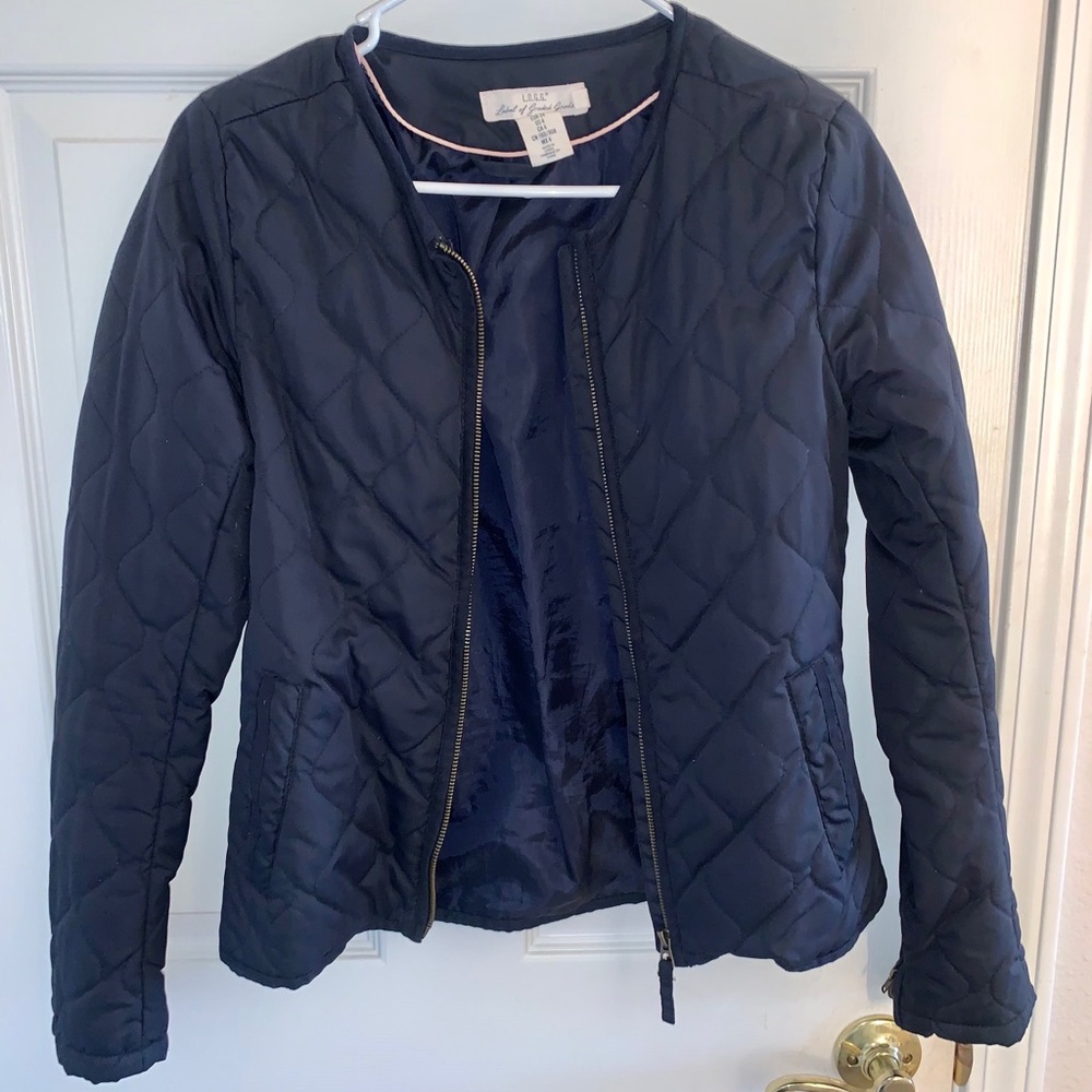 Navy blue quilted zip up jacket